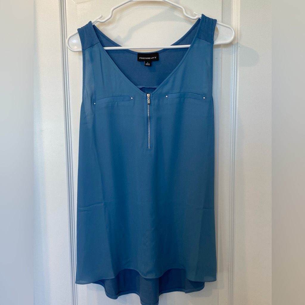 Blue Lighton Zip Detail Mixed Material Blouse